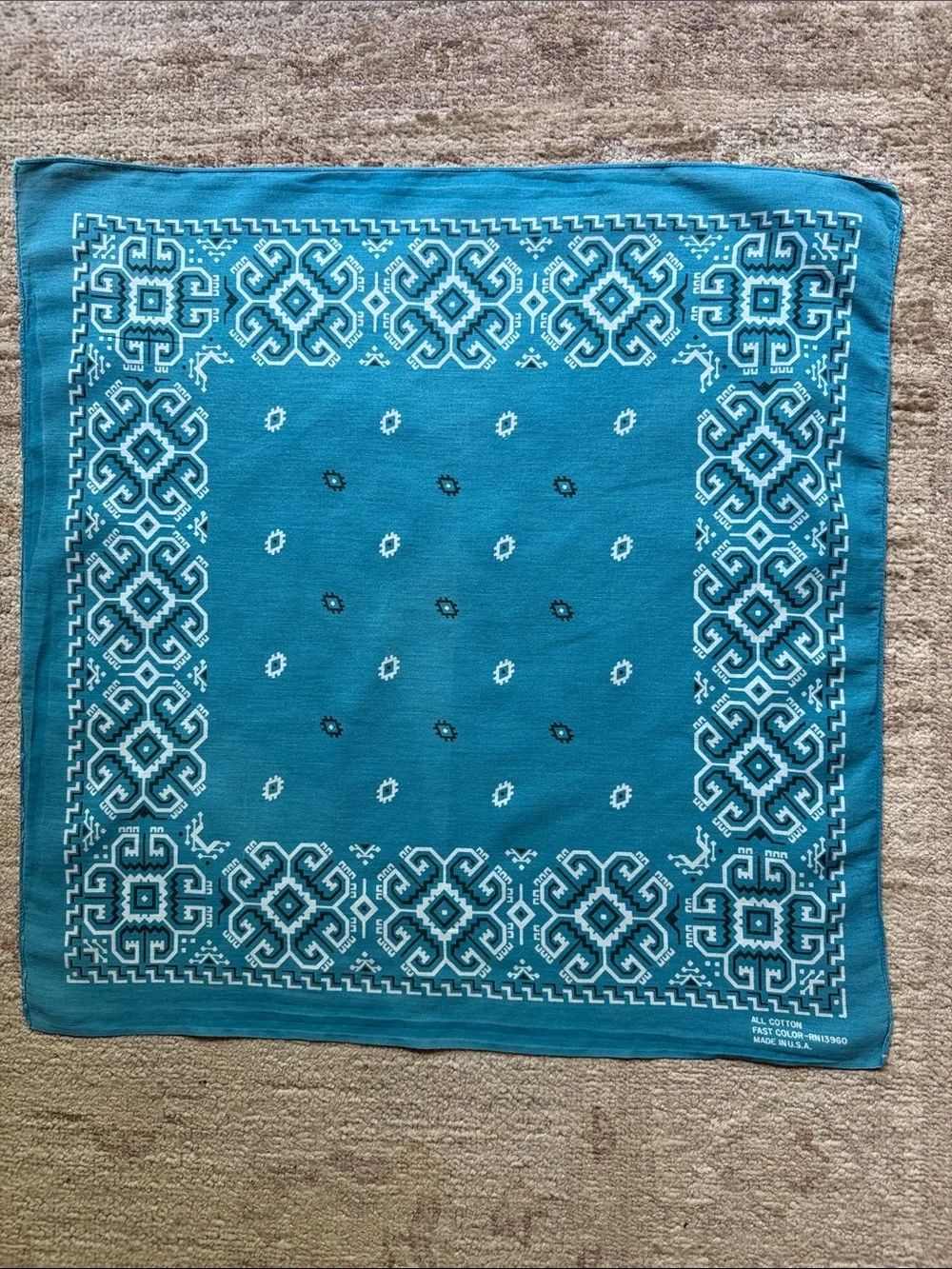 VTG Turquoise Blue Aztec Geometric Cotton Bandana Made in USA RN13960 80’s-90’s